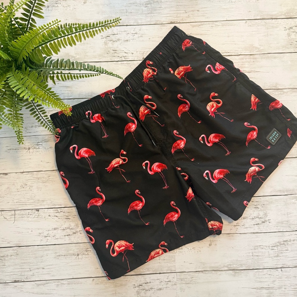 Island Haze - Black Flamingo Swim Shorts / Volley Trunks w/ Mesh Liner - XL